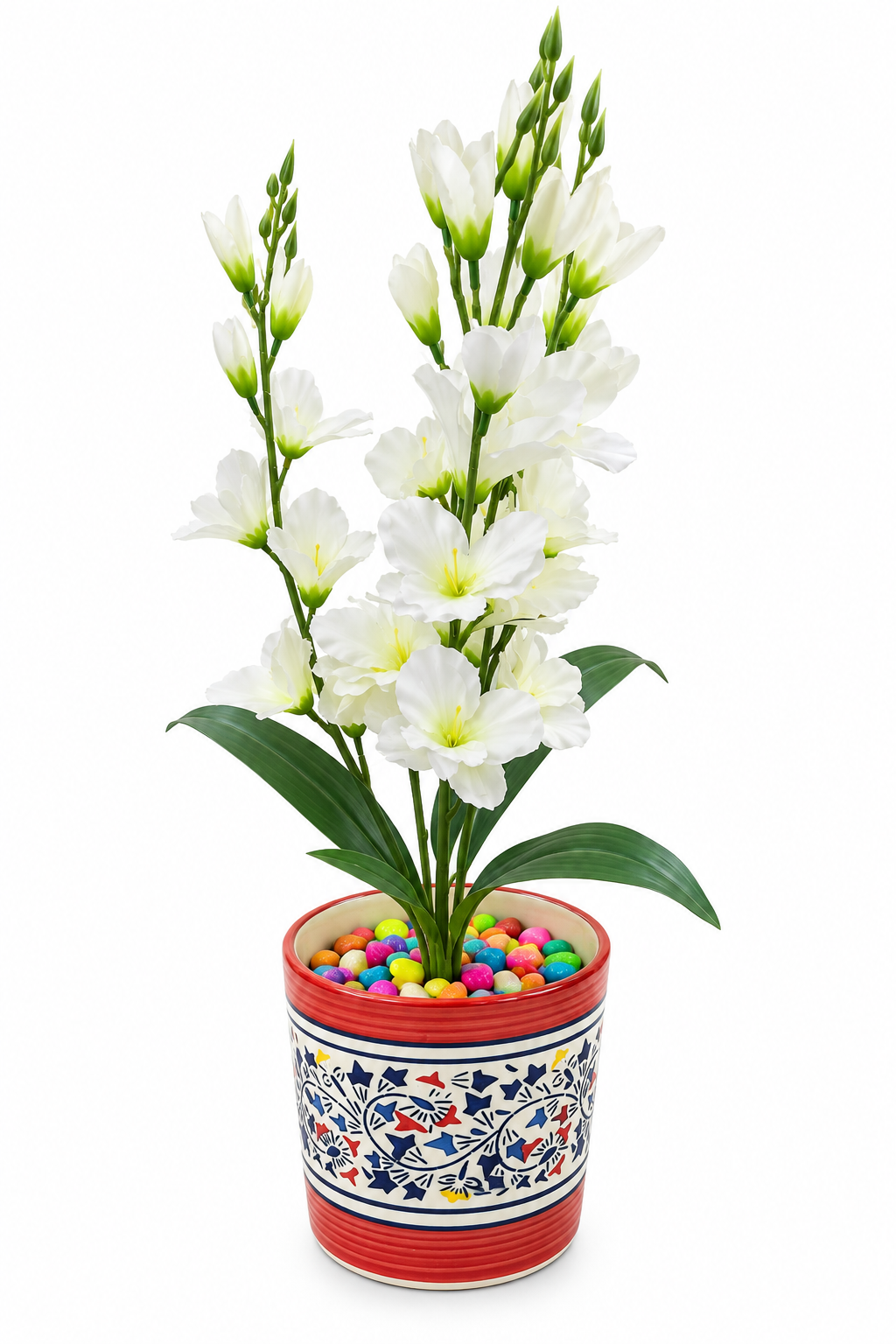 BOTAVEIL Artificial White Flower Decorative Plant with Multicolor Pebbles in Printed Red Planter