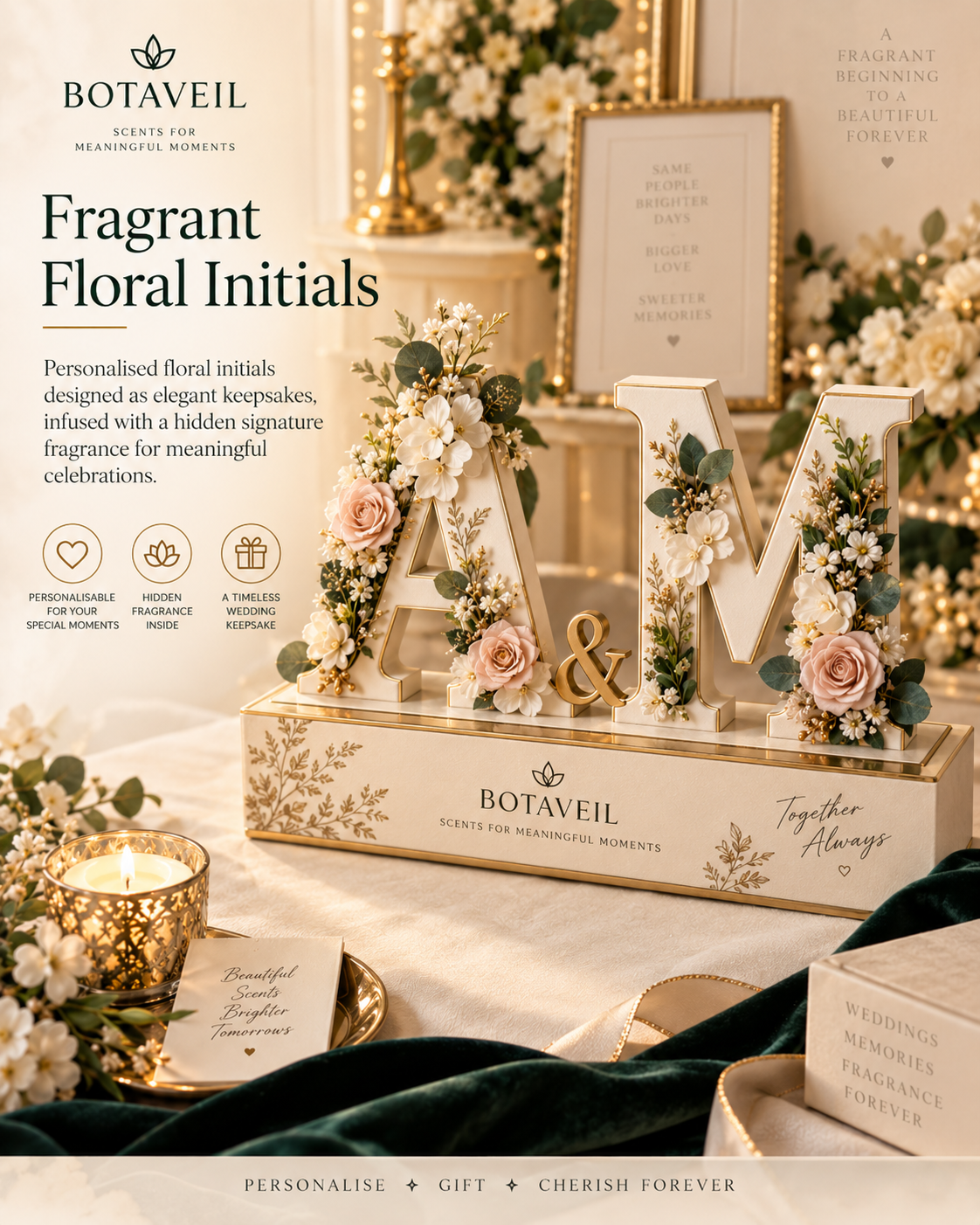BOTAVEIL Personalized Fragrant Floral Initials Wedding Keepsake