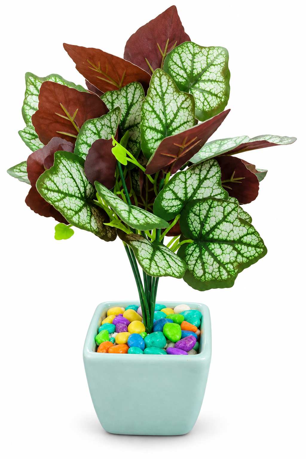 BOTAVEIL Artificial Caladium Plant with Light Blue Square Decorative Pot & Multicolor Pebbles