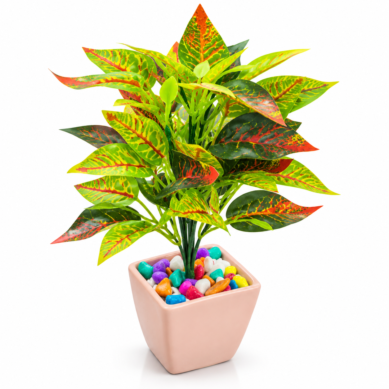 BOTAVEIL Artificial Croton Plant with Light Pink Square Decorative Pot & Multicolor Pebbles