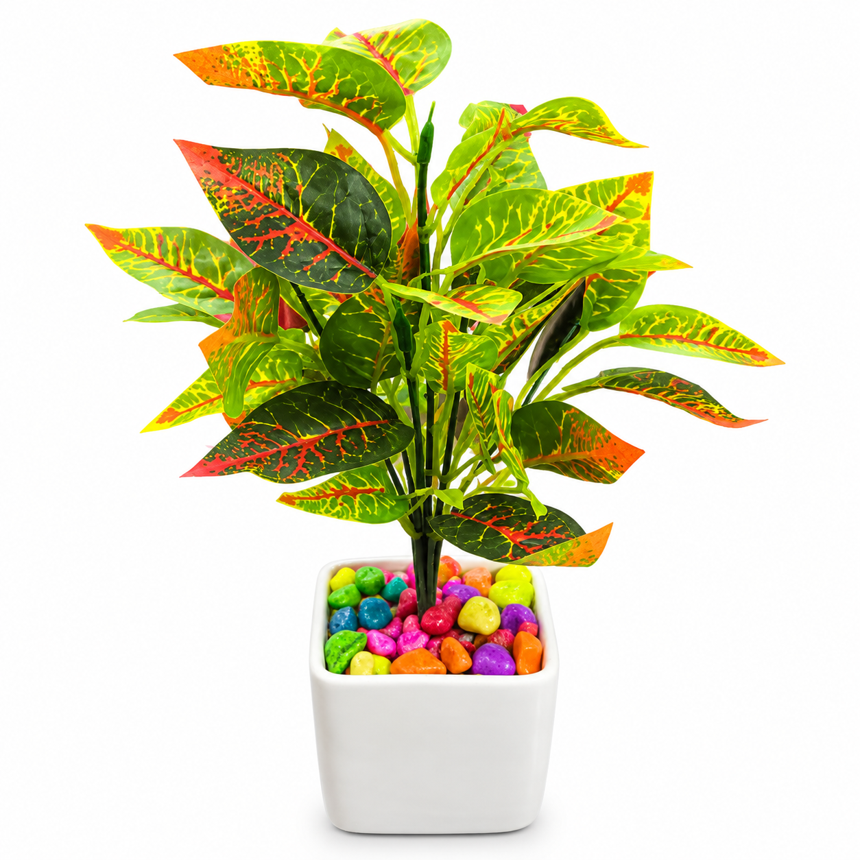 BOTAVEIL Artificial Croton Plant with White Square Decorative Pot & Multicolor Pebbles
