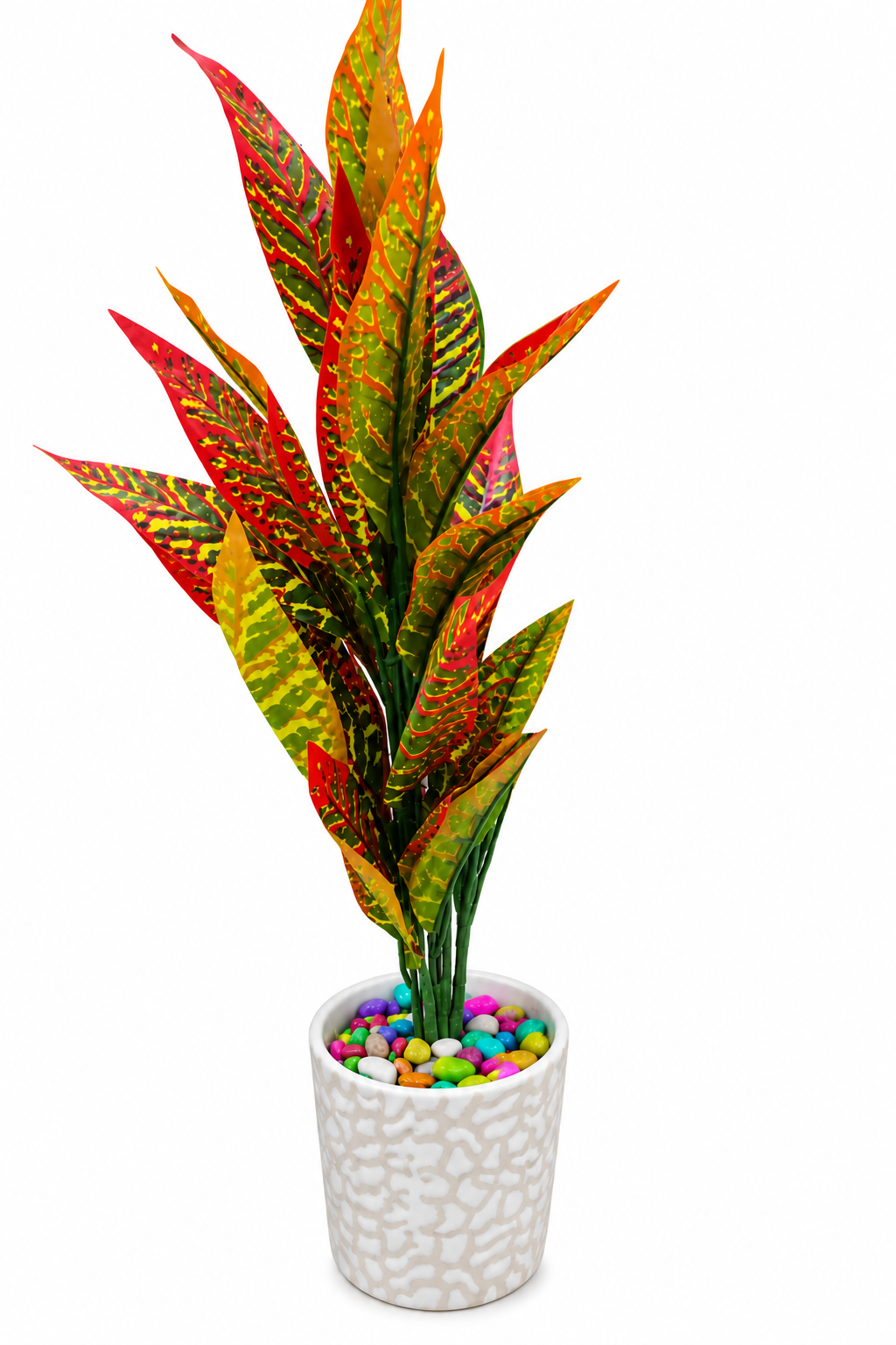 BOTAVEIL Artificial Croton Plant with White Textured Decorative Pot and Multicolor Pebbles