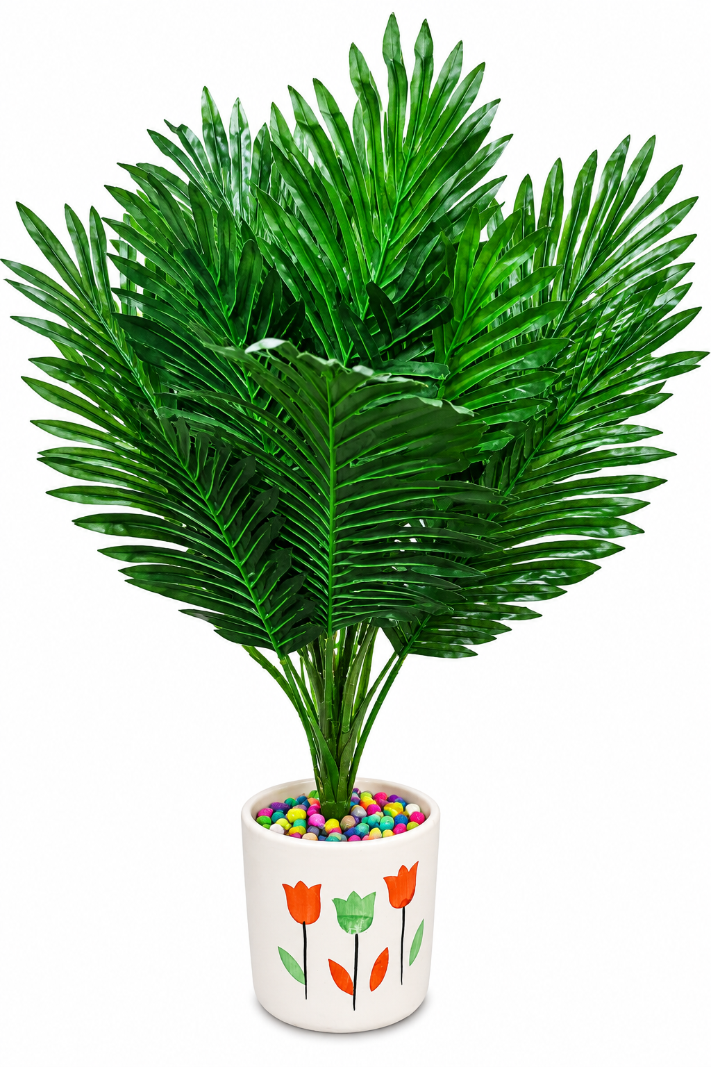 BOTAVEIL Artificial Cycas Plant with White Floral Decorative Pot and Multicolor Pebbles