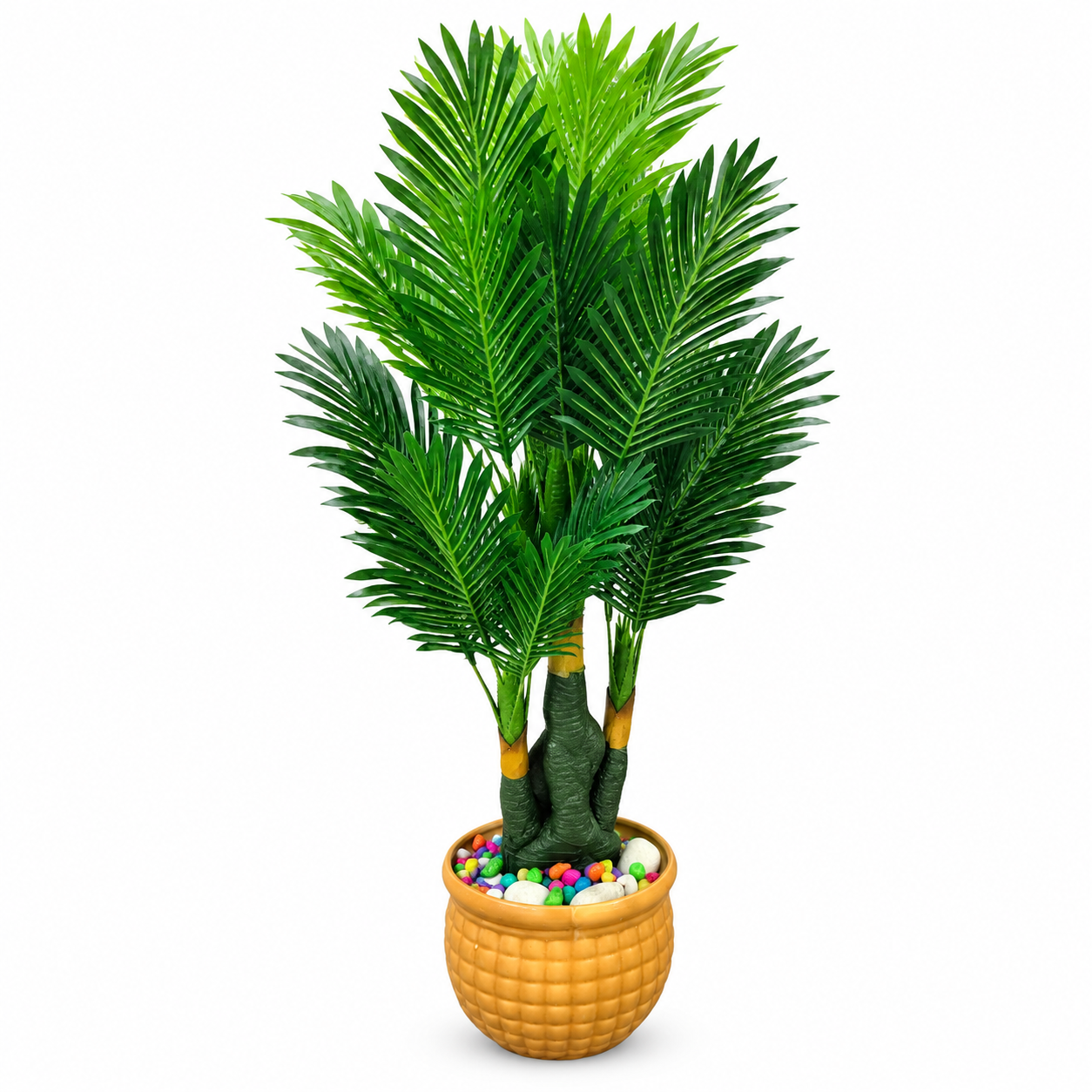 BOTAVEIL Artificial Cycas Palm Plant with Decorative Yellow Pot and Multicolour Pebbles