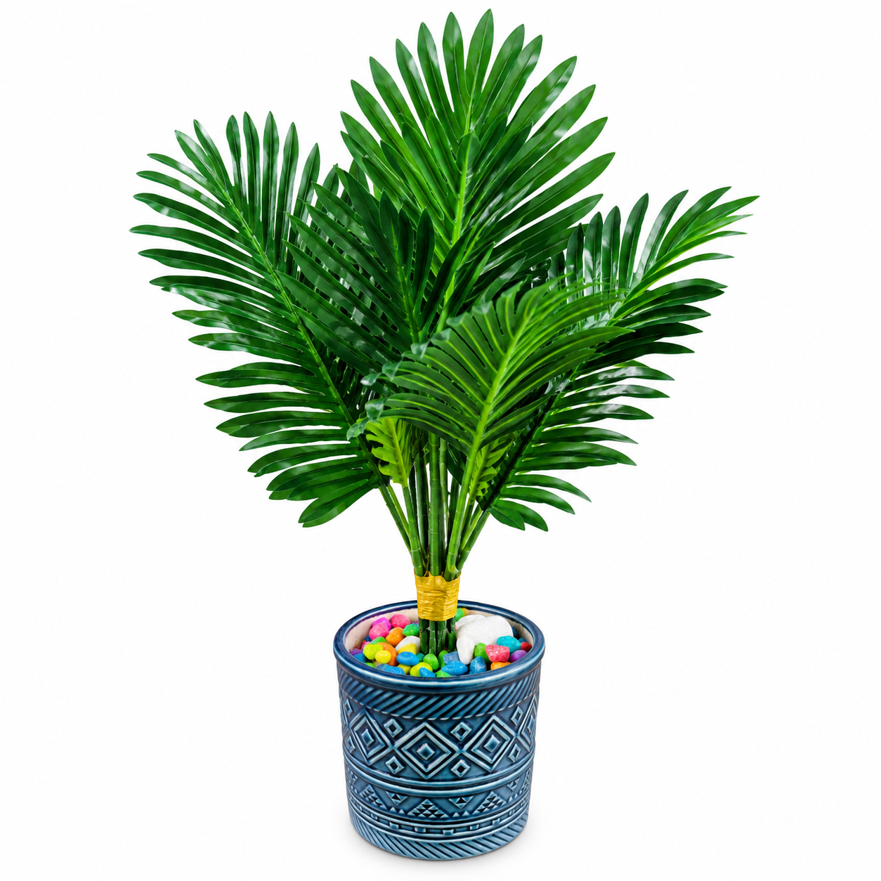 BOTAVEIL Artificial Decorative Plant in Blue Geometric Pattern Pot with Multicolor Pebbles