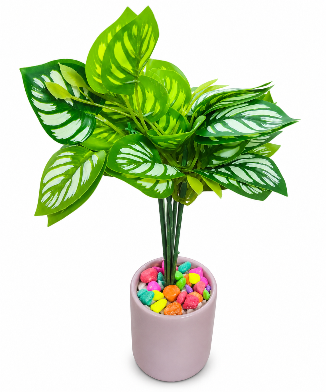 BOTAVEIL Artificial Dieffenbachia Plant with Light Pink Decorative Pot & Multicolor Pebbles