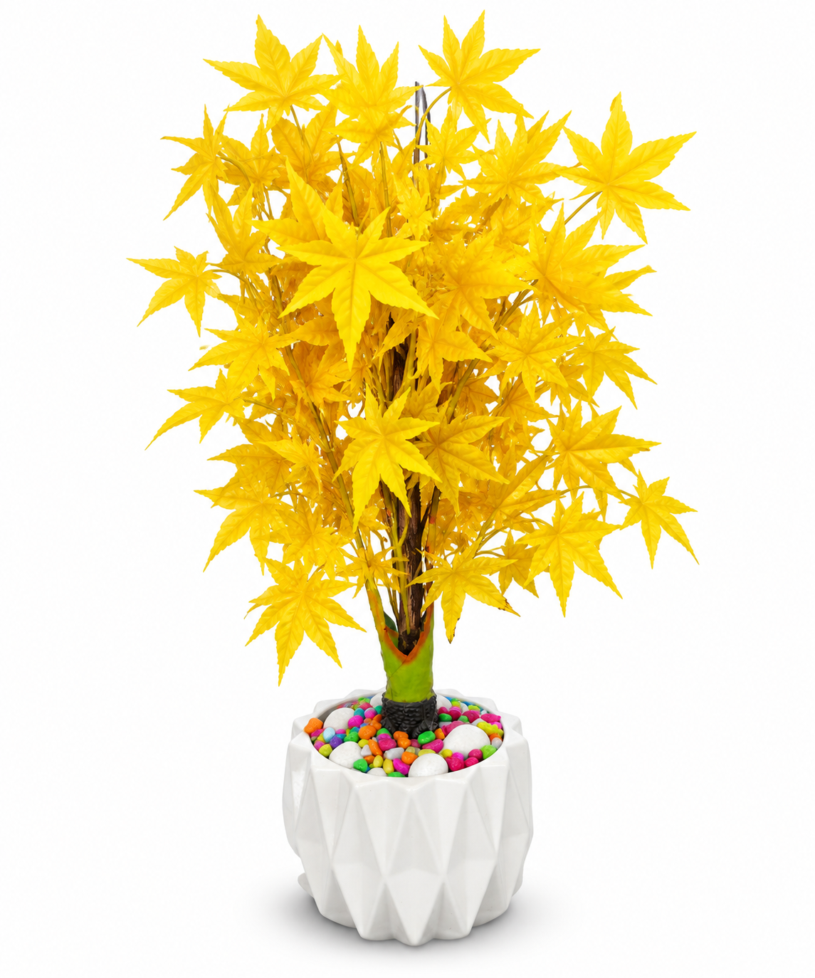 BOTAVEIL Artificial Yellow Maple Leaf Plant with Decorative White Pot and Colorful Pebbles