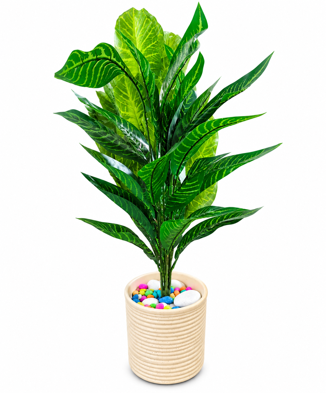 BOTAVEIL Artificial Green Layered Foliage Plant with Decorative White Ribbed Pot and Multicolor Pebbles