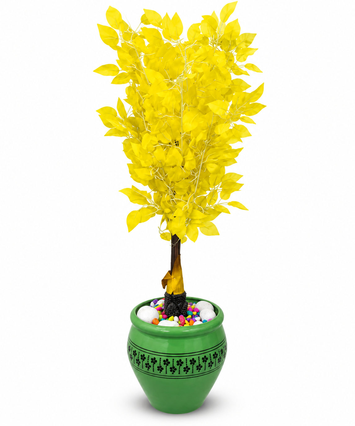 BOTAVEIL Artificial Yellow Leaf Foliage Plant with Green Decorative Pot and Colorful Pebbles