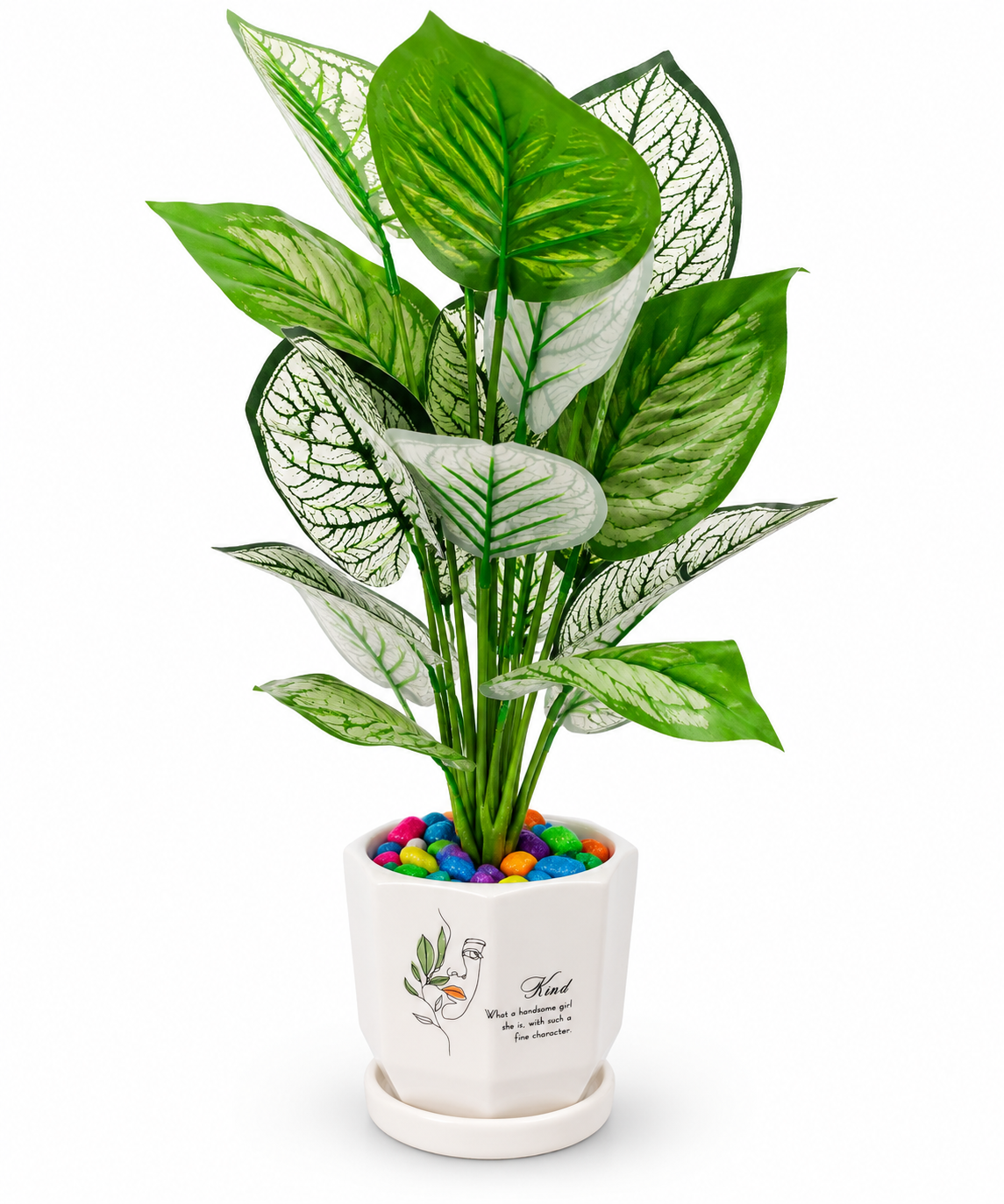 BOTAVEIL Artificial White Green Veined Leaf Plant with White Decorative Pot