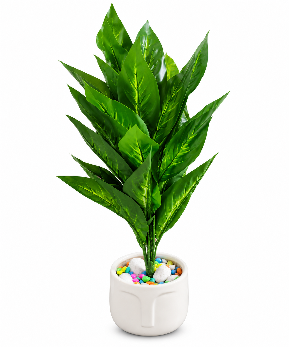BOTAVEIL Artificial Green Broad Leaf Foliage Plant with Decorative White Pot and Multicolor Pebbles