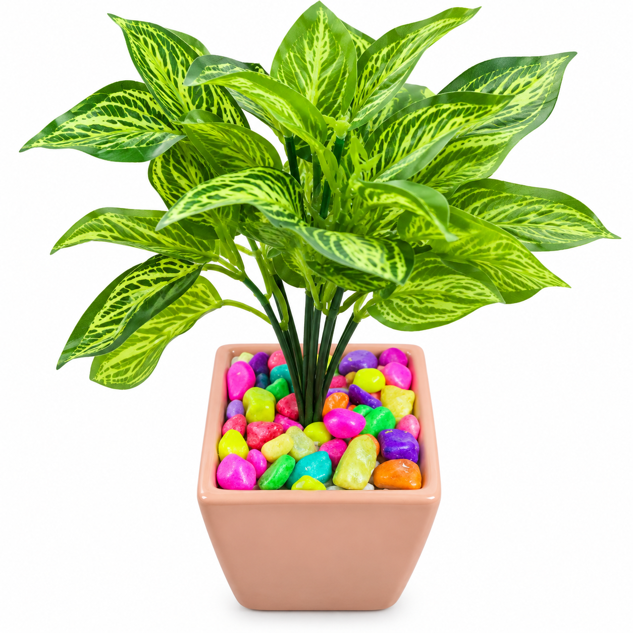 BOTAVEIL Artificial Fittonia Nerve Plant with Light Pink Square Decorative Pot & Multicolor Pebbles