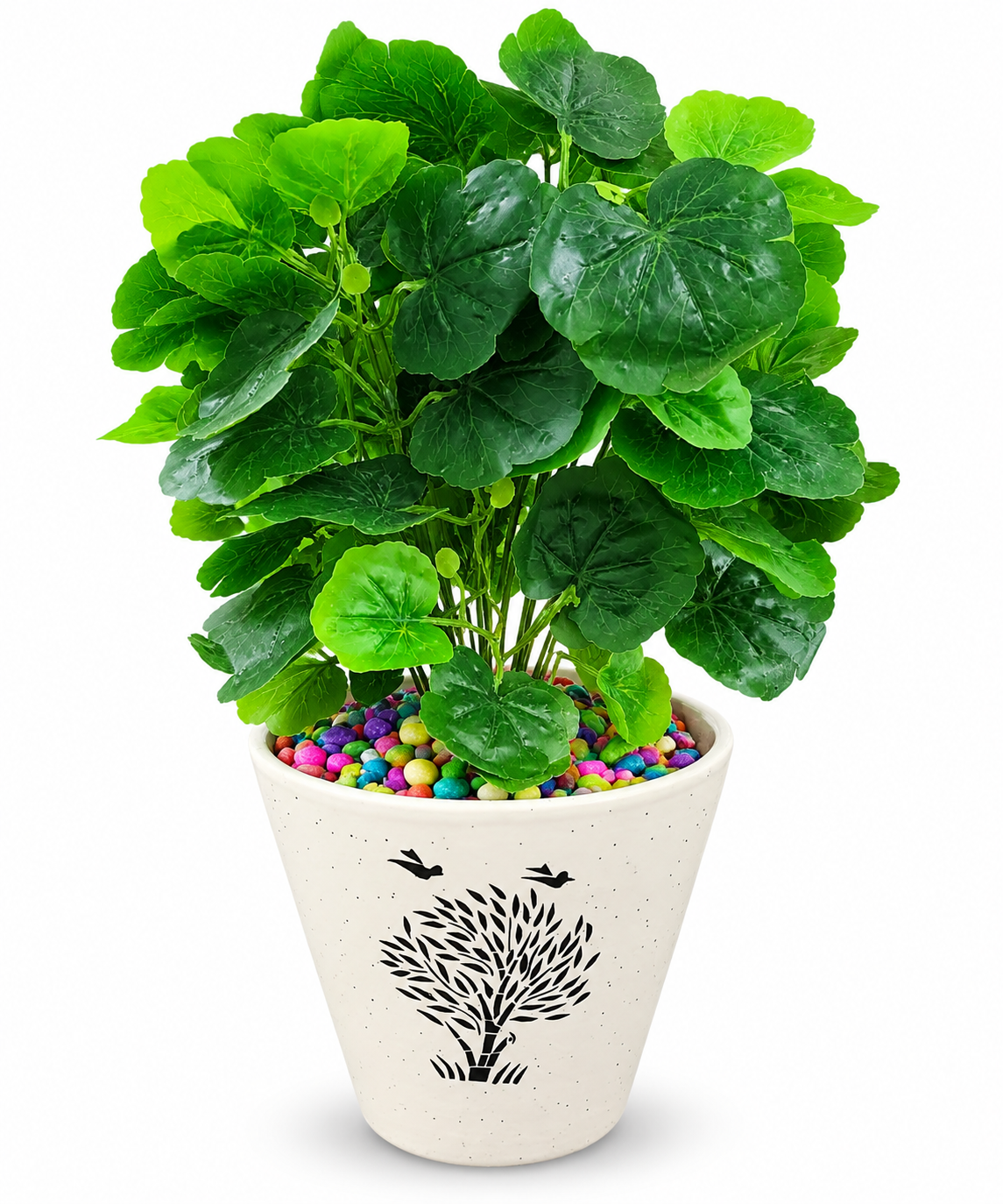BOTAVEIL Artificial Green Round-Leaf Foliage Plant with White Decorative Pot and Multicolor Pebbles