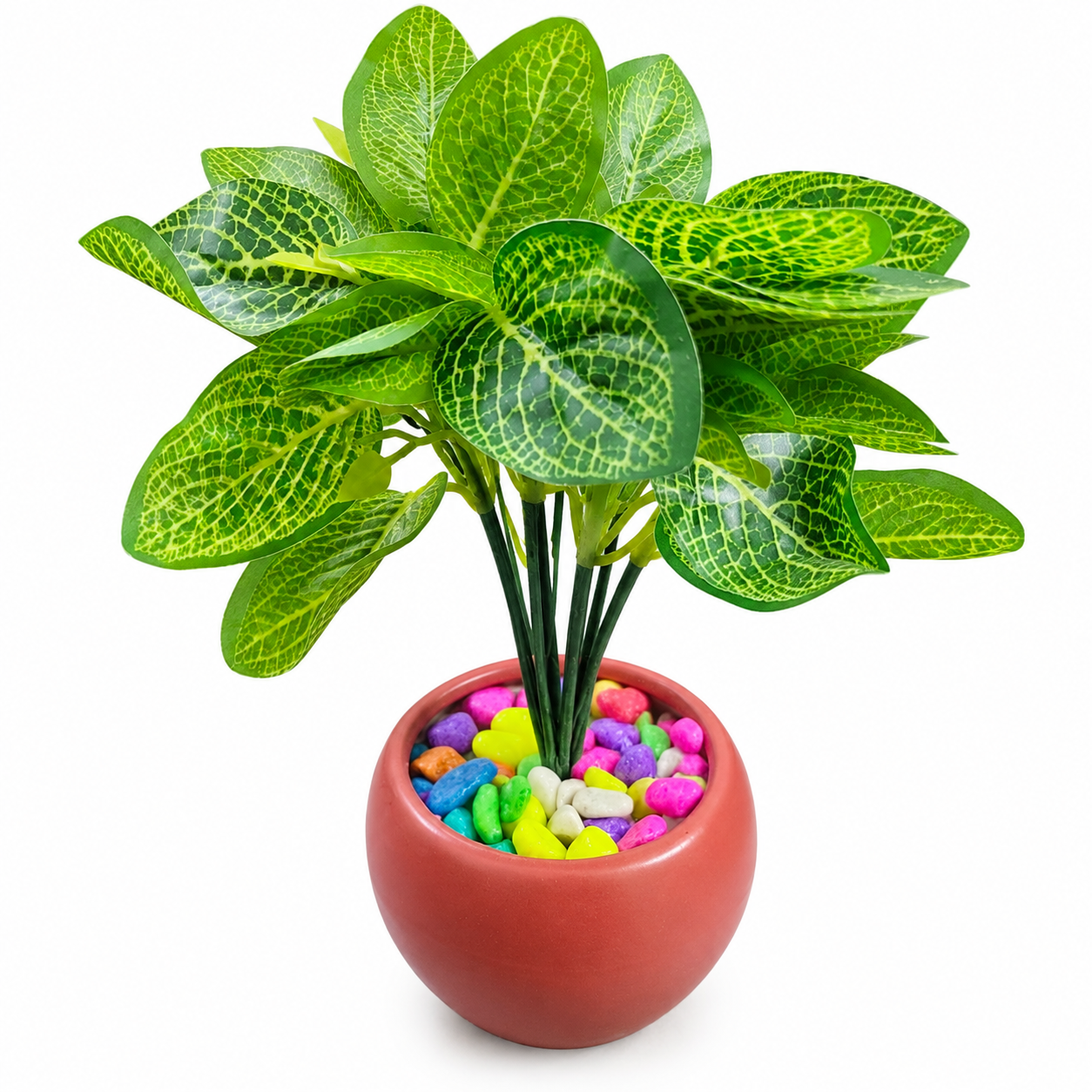 BOTAVEIL Artificial Green Fittonia Nerve Plant with Pink Round Decorative Pot & Multicolor Pebbles