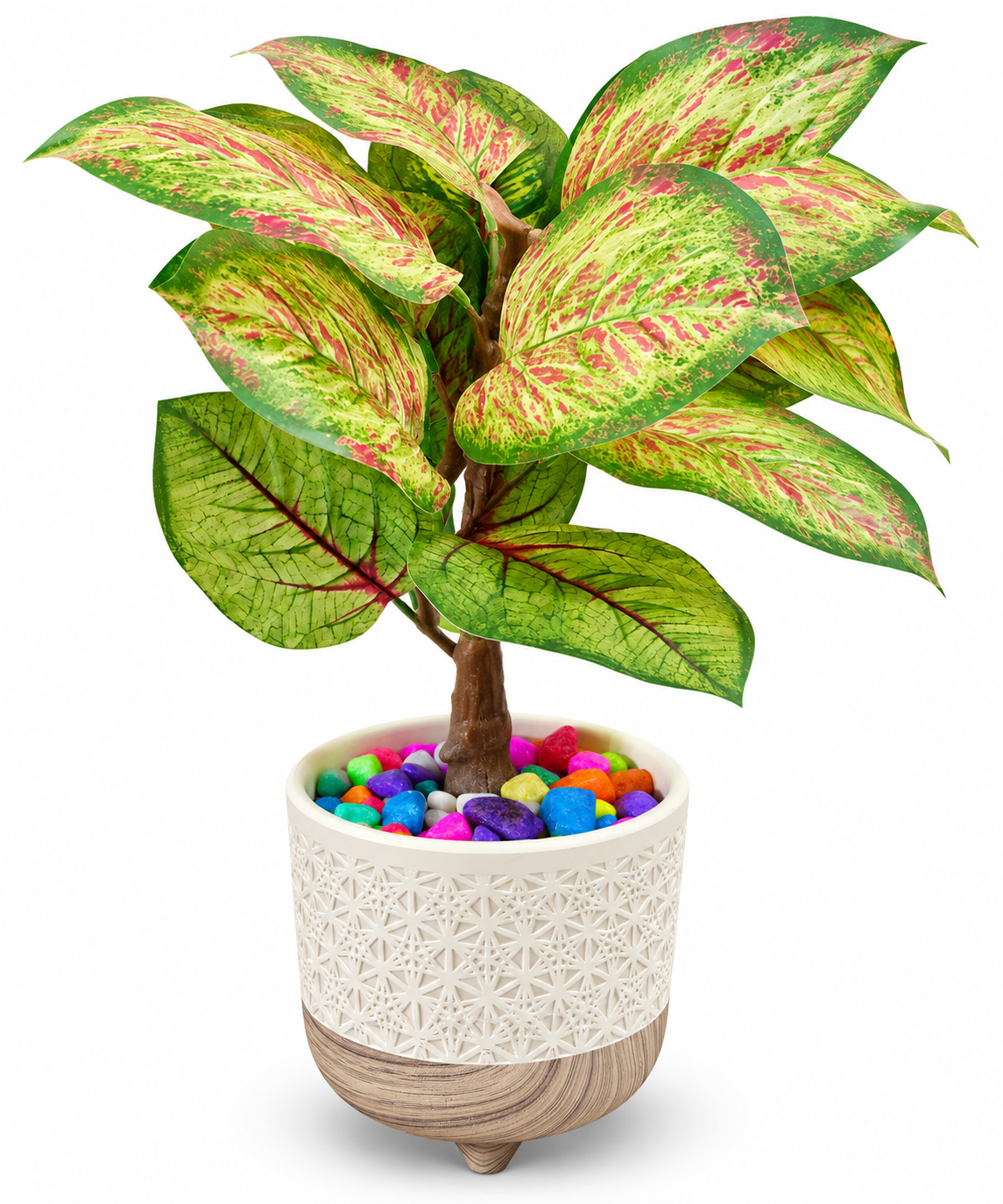 BOTAVEIL Artificial Green & White Veined Foliage Plant in White Geometric Wood-Effect Pot