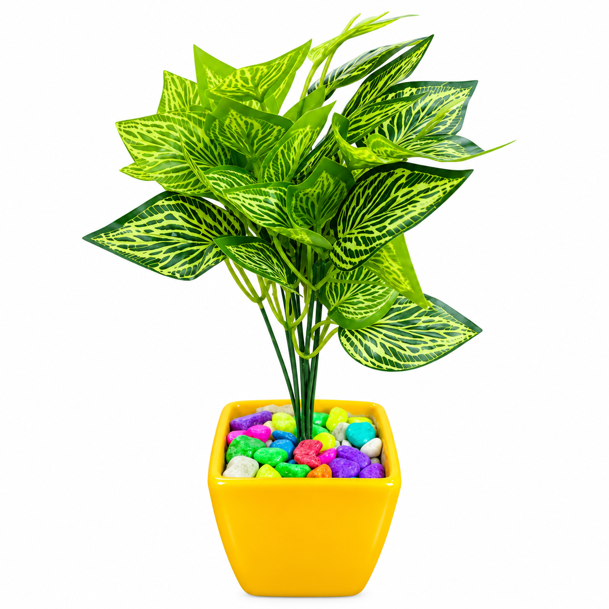BOTAVEIL Artificial Fittonia Nerve Plant with Yellow Square Decorative Pot & Multicolor Pebbles