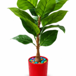BOTAVEIL Artificial Green Broad Leaf Plant with Red Textured Decorative Pot & Multicolor Pebbles