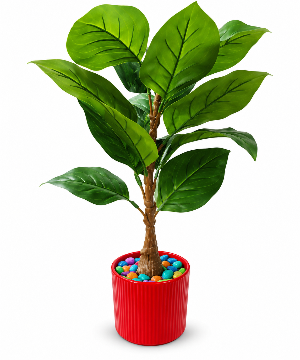 BOTAVEIL Artificial Green Broad Leaf Plant with Red Textured Decorative Pot & Multicolor Pebbles