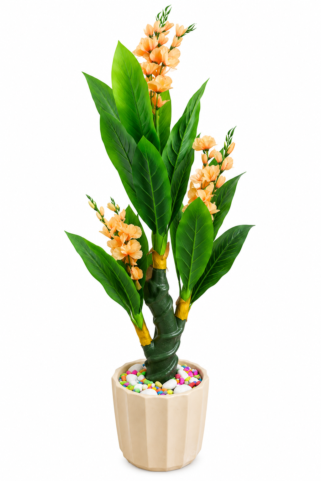 BOTAVEIL Artificial Green Leaf and Peach Flower Plant with Decorative Pot and Colorful Pebbles