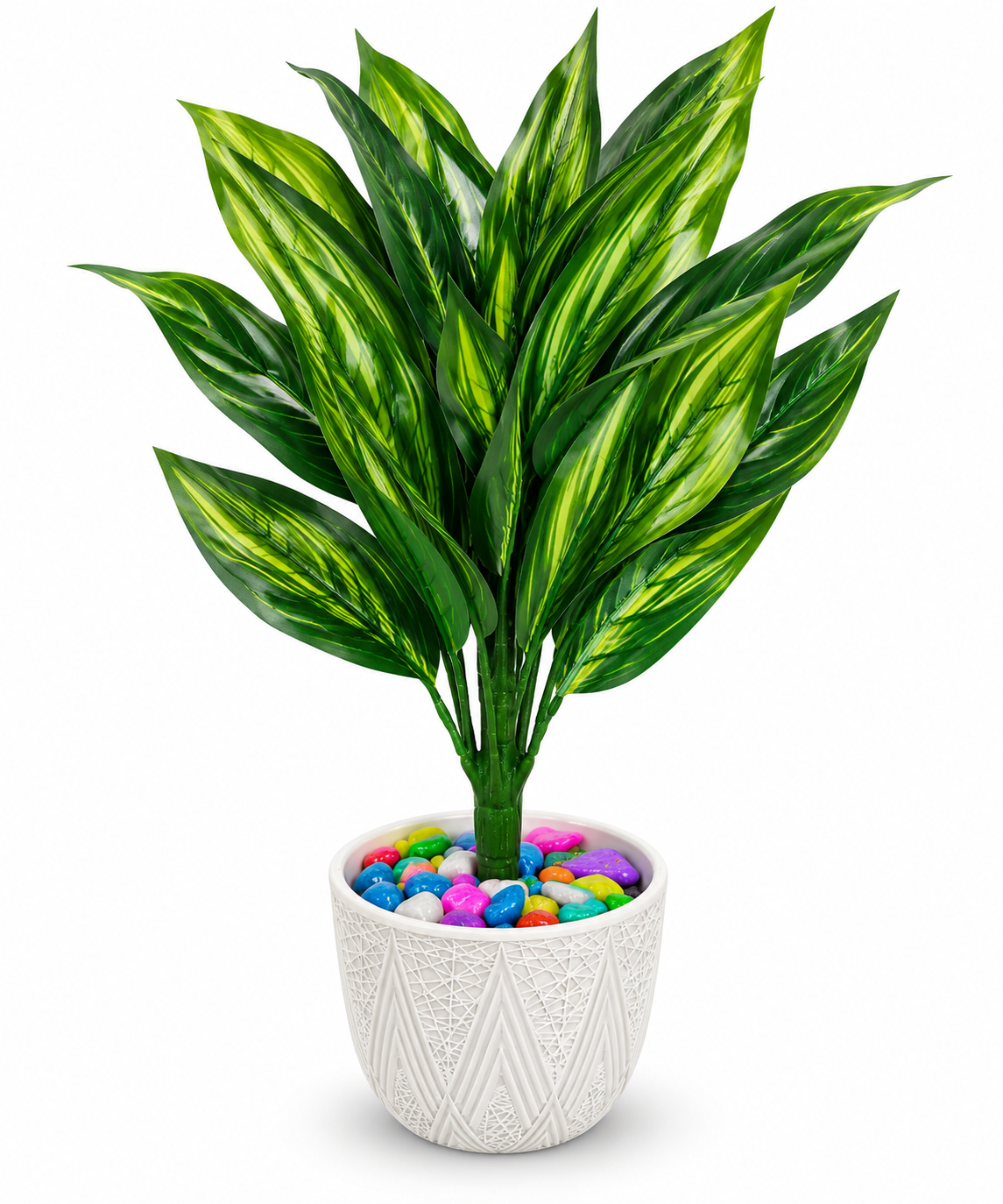 BOTAVEIL Artificial Green Lime Striped Leaf Plant with Textured White Decorative Pot