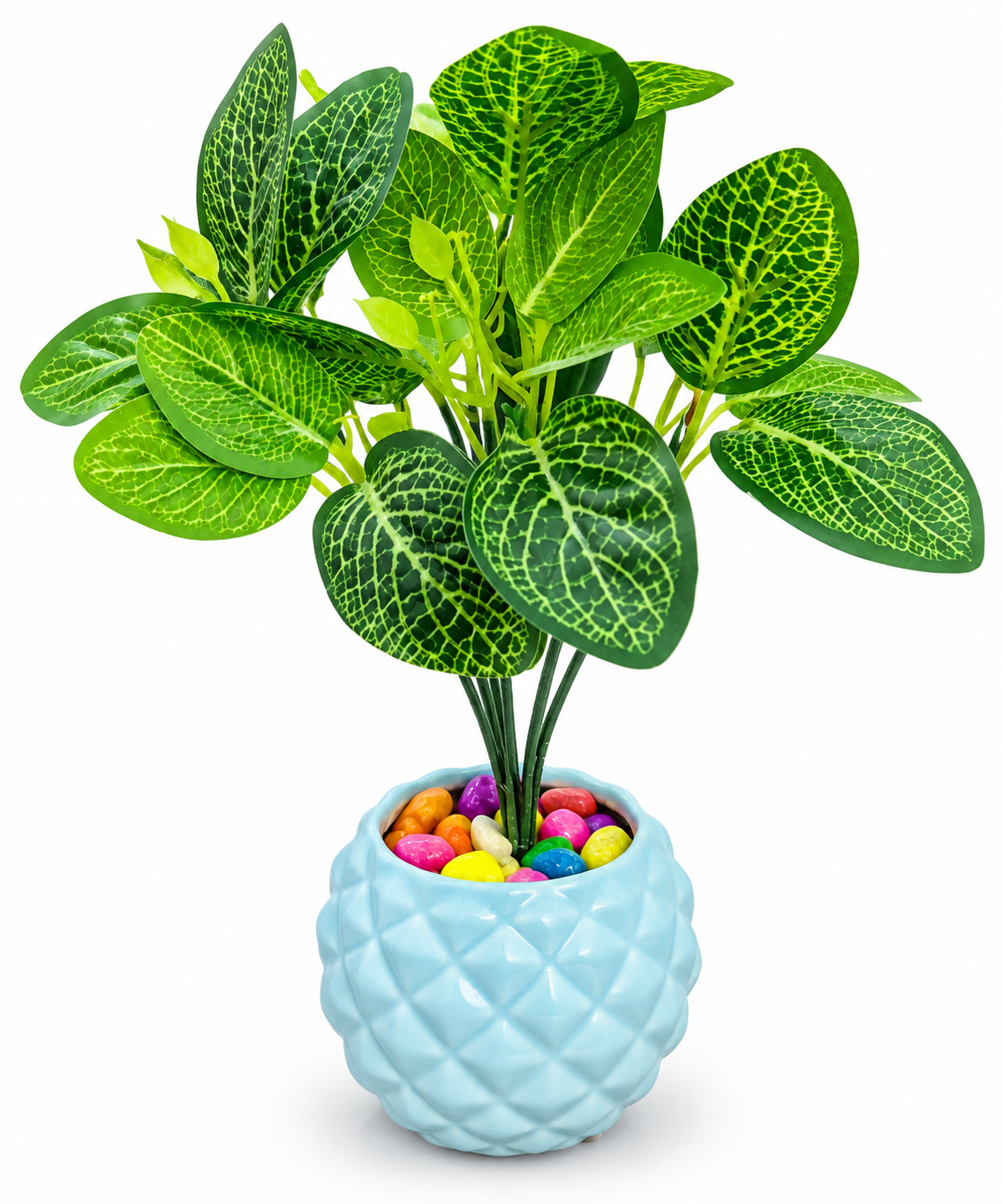 BOTAVEIL Artificial Green Fittonia Nerve Plant with Light Blue Textured Decorative Pot & Multicolor Pebbles