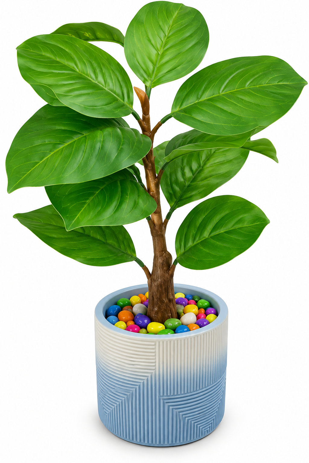 BOTAVEIL Artificial Green Broad-Leaf Foliage Plant in Blue Geometric Textured Pot
