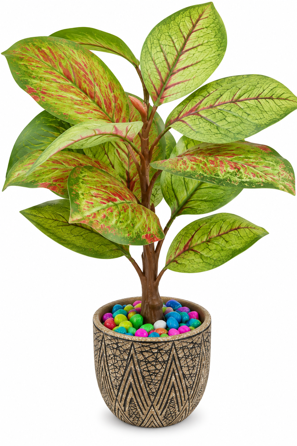 BOTAVEIL Artificial Green & Pink Vein Leaf Plant with Antique Geometric Pot