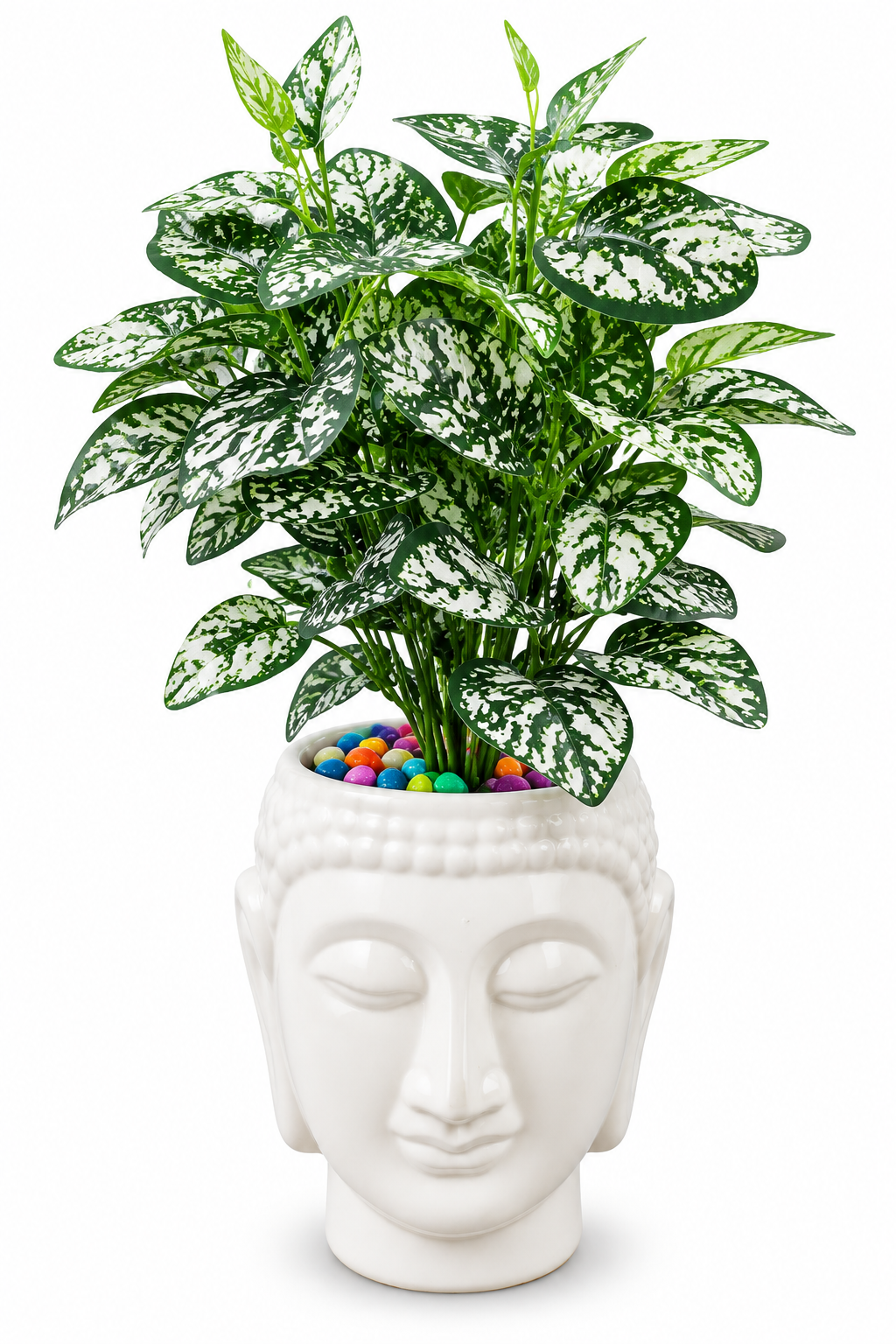 BOTAVEIL Artificial Green & White Variegated Foliage Plant with White Sculpted Decorative Pot and Multicolor Pebbles