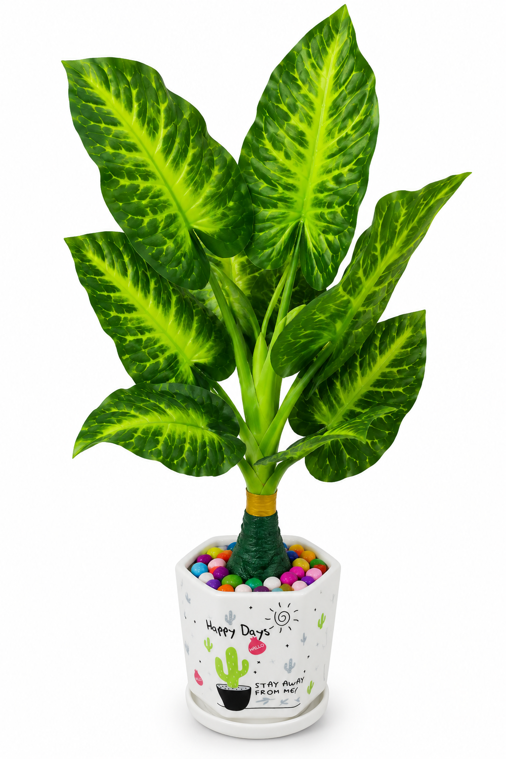 BOTAVEIL Artificial Dieffenbachia Plant with White Decorative Pot & Multicolor Pebbles