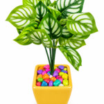 BOTAVEIL Artificial Dieffenbachia Plant with Yellow Square Decorative Pot & Multicolor Pebbles