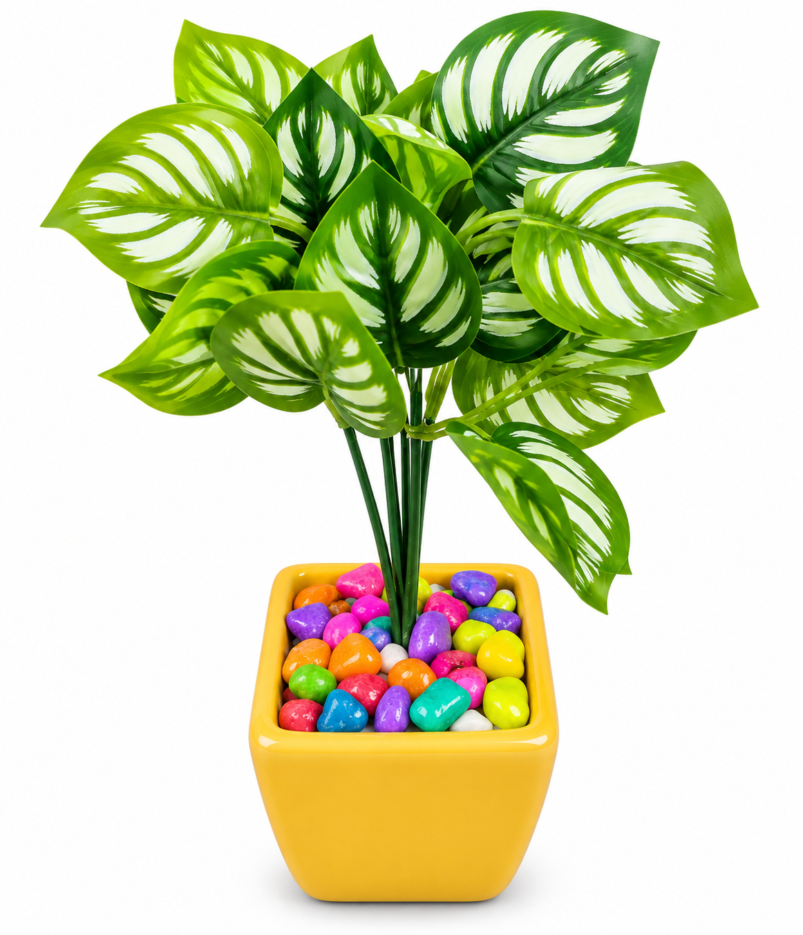 BOTAVEIL Artificial Dieffenbachia Plant with Yellow Square Decorative Pot & Multicolor Pebbles