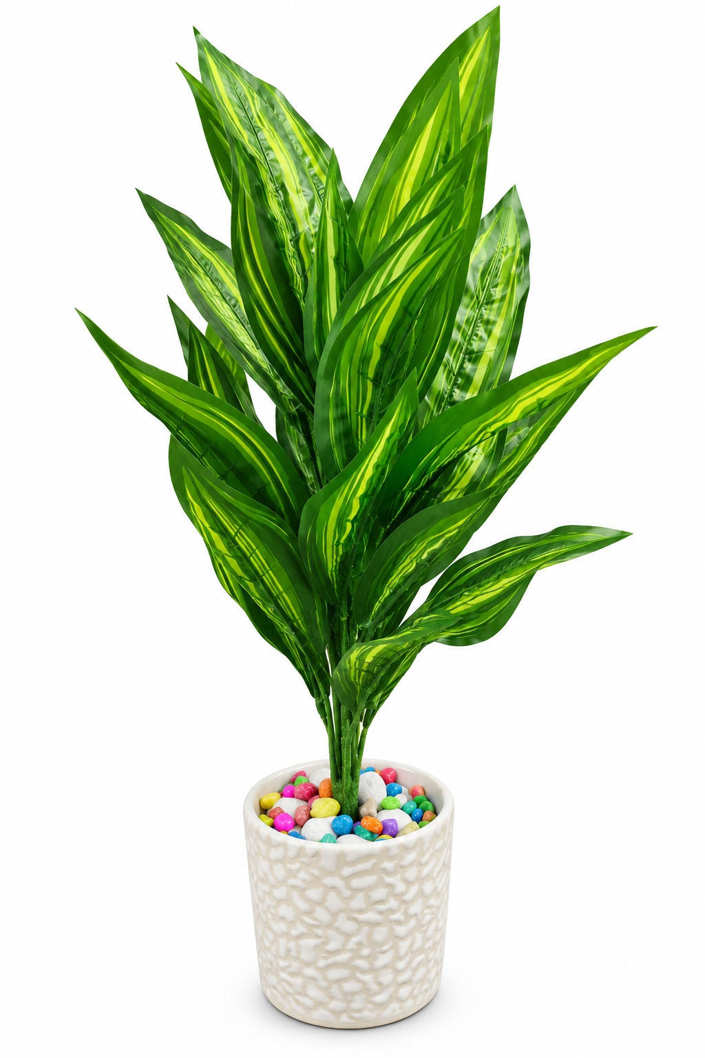 BOTAVEIL Artificial Green Striped Foliage Plant with Decorative White Pot and Multicolor Pebbles