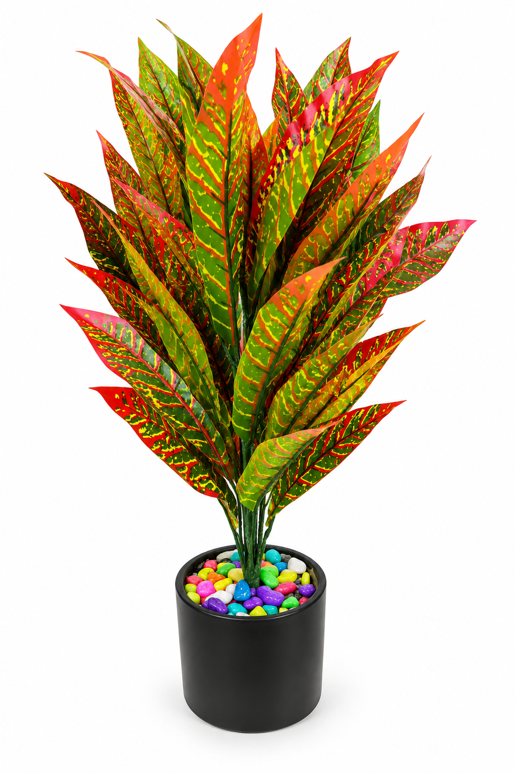 BOTAVEIL Artificial Croton Plant with Black Decorative Pot and Multicolor Pebbles