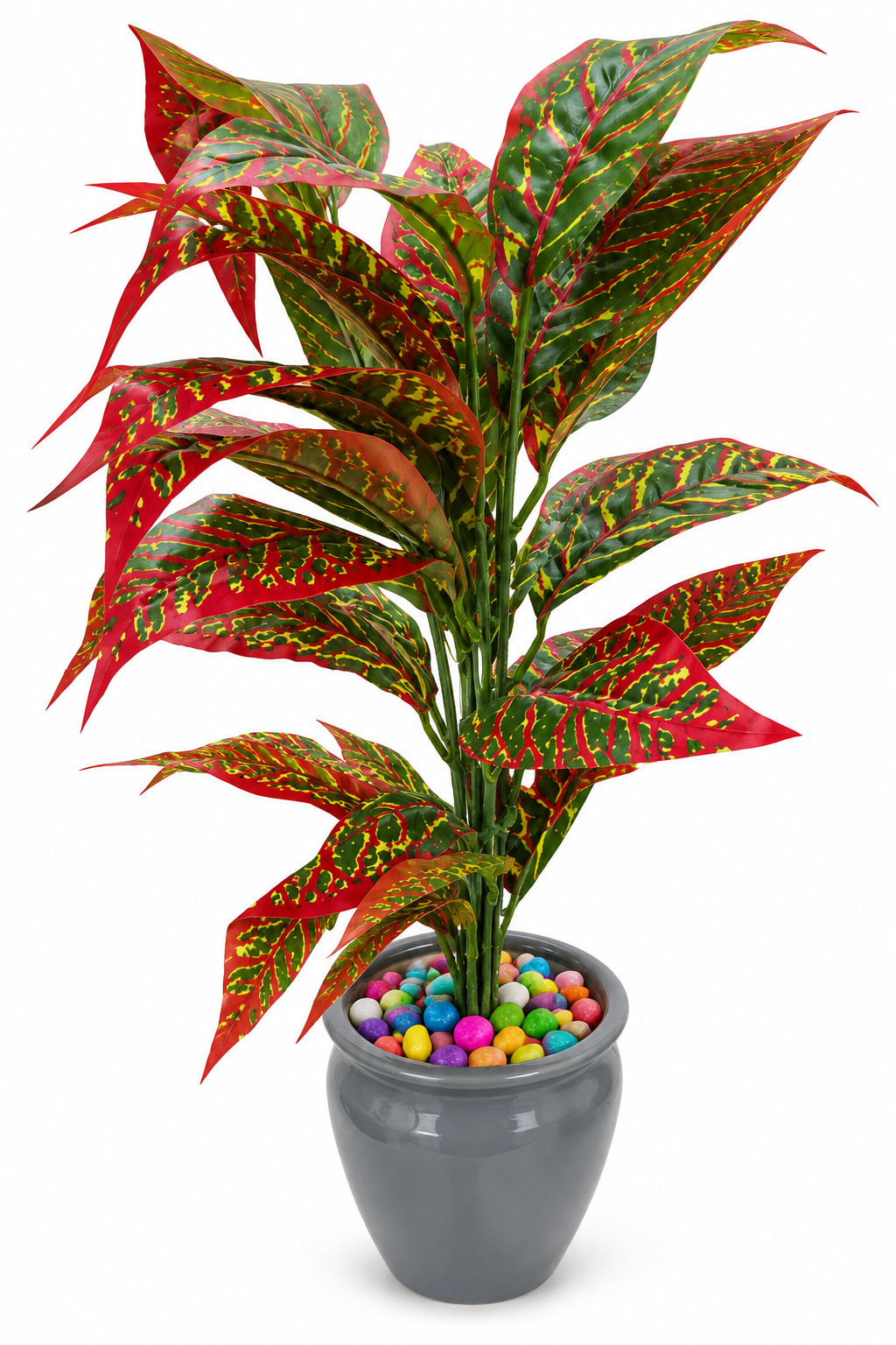 BOTAVEIL Artificial Croton Plant with Grey Decorative Pot and Multicolor Pebbles