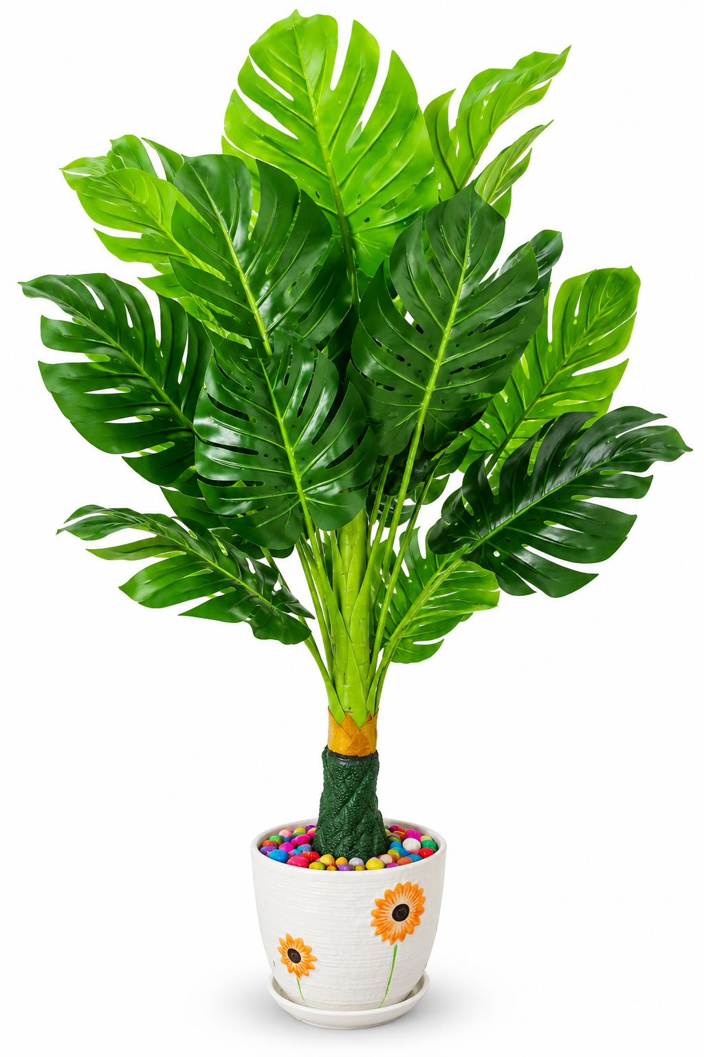 BOTAVEIL Artificial Monstera Tropical Plant with White Floral Ceramic Pot & Decorative Pebbles