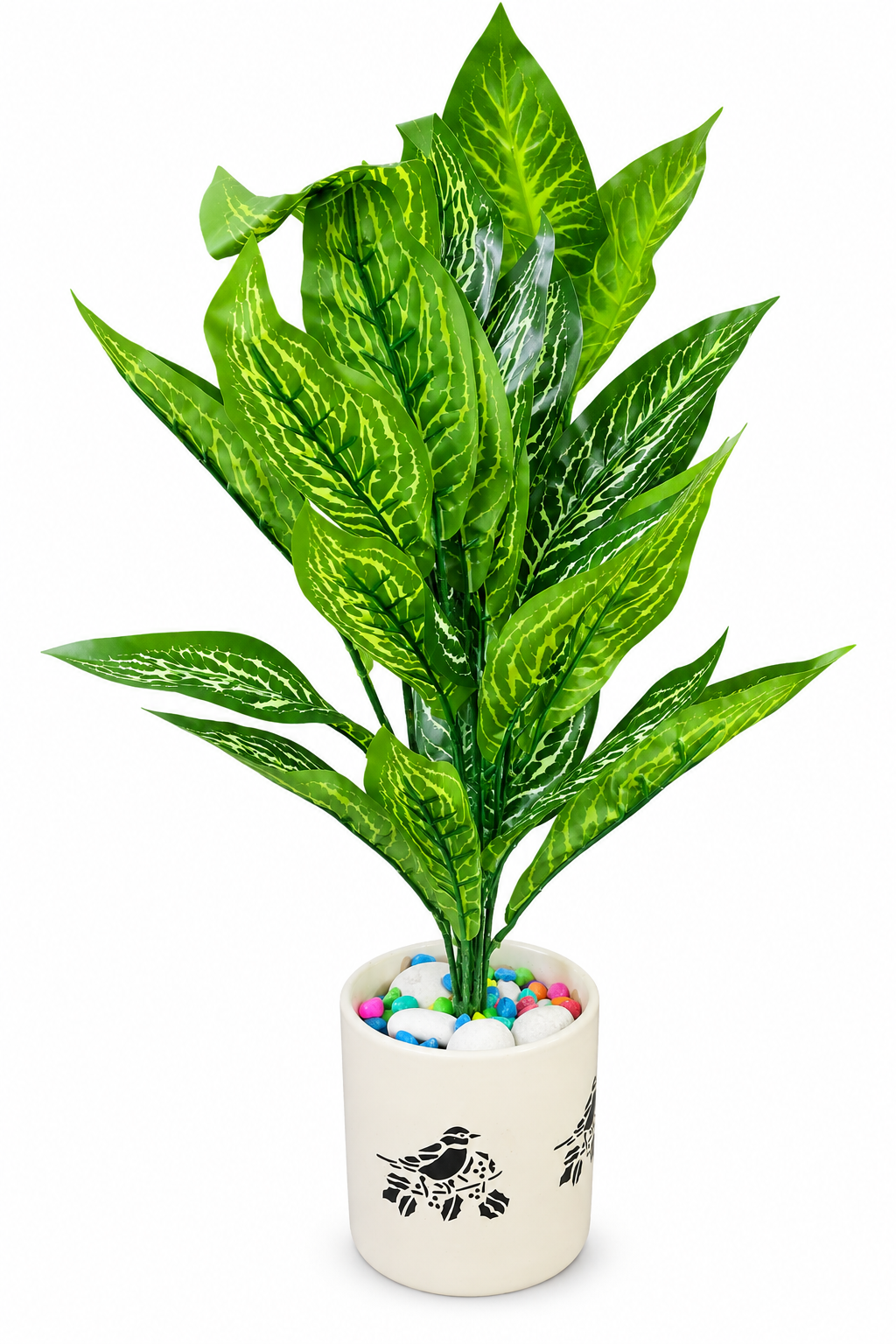 BOTAVEIL Artificial Green Variegated Foliage Plant with White Printed Pot and Multicolor Pebbles
