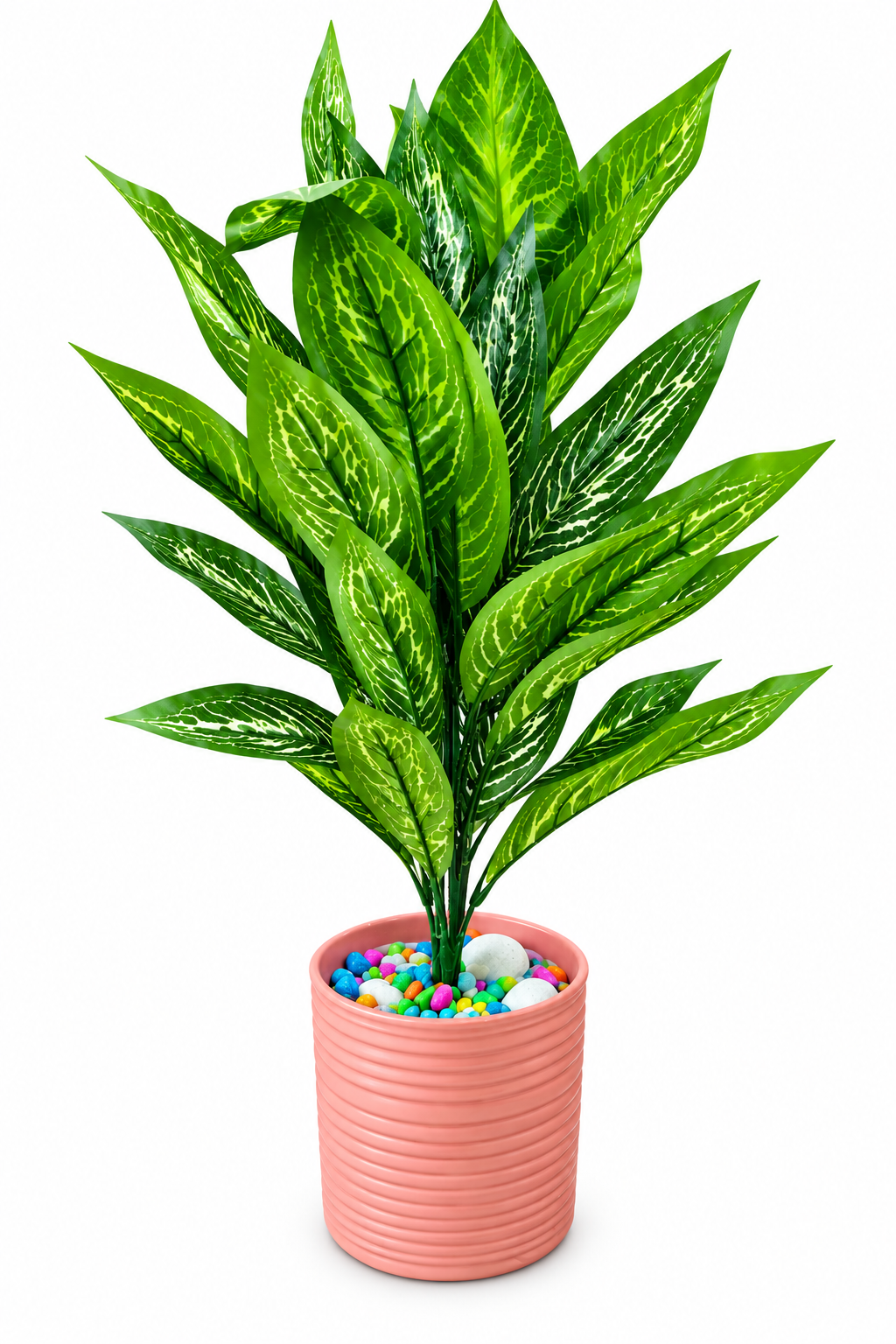 BOTAVEIL Artificial Green Variegated Foliage Plant with Pink Ribbed Pot and Multicolor Pebbles