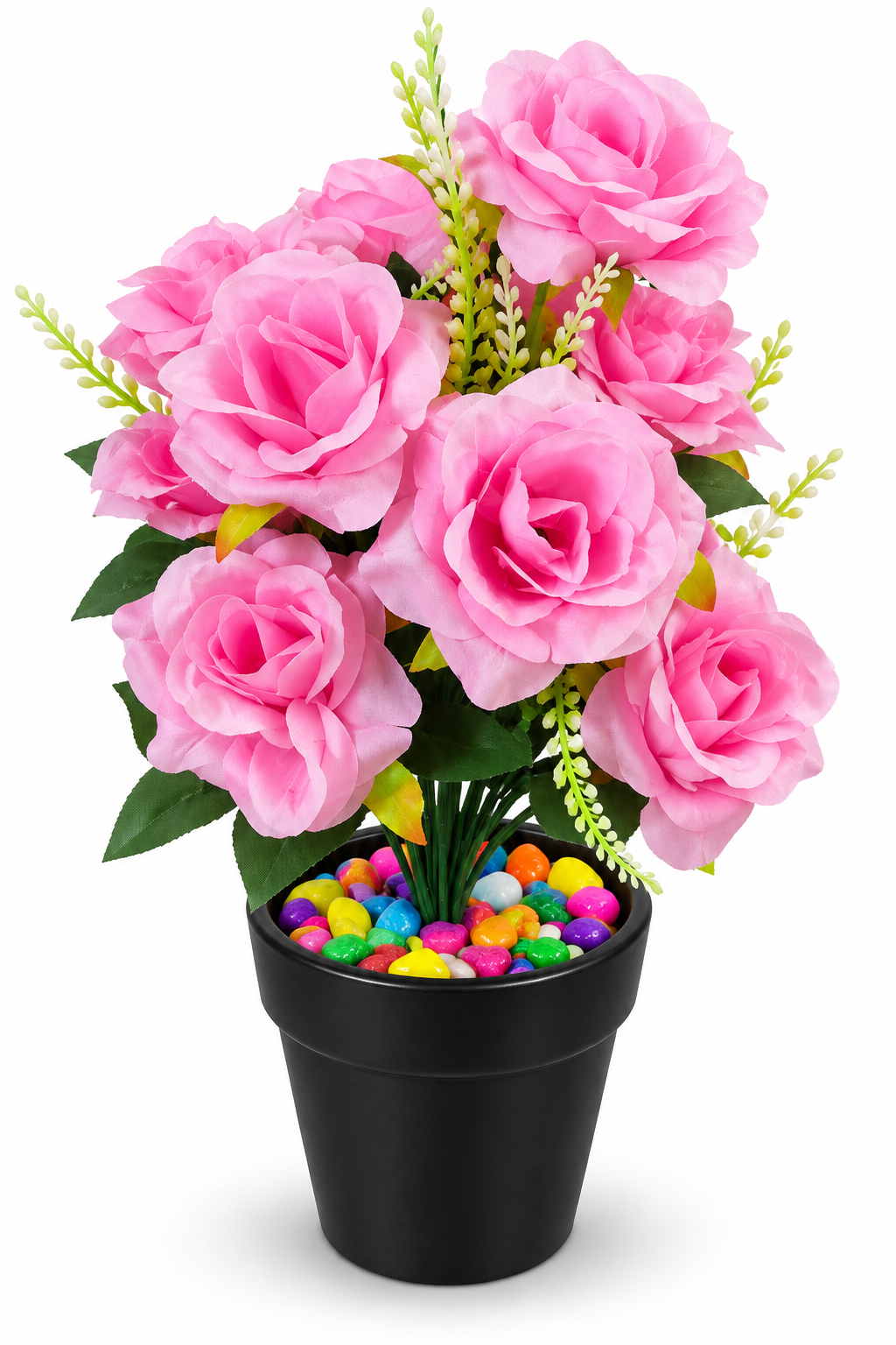 BOTAVEIL Artificial Pink Rose Decorative Plant with Multicolor Pebbles in Decorative Planter