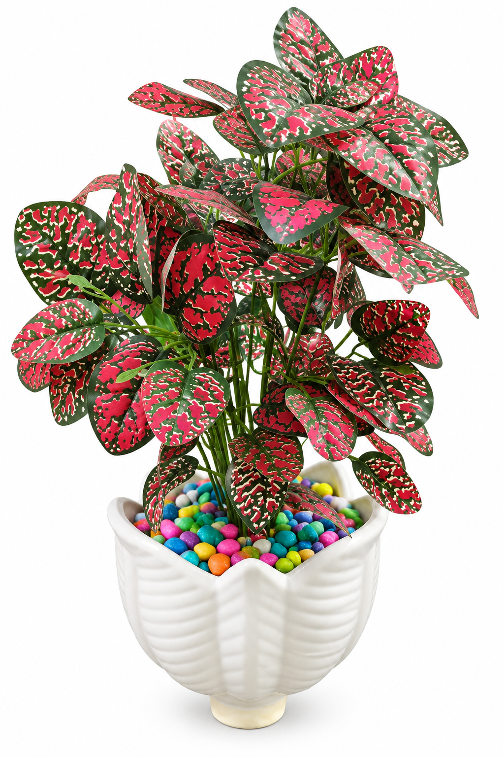 BOTAVEIL Artificial Red & Pink Variegated Foliage Plant with White Ribbed Decorative Pot and Multicolor Pebbles