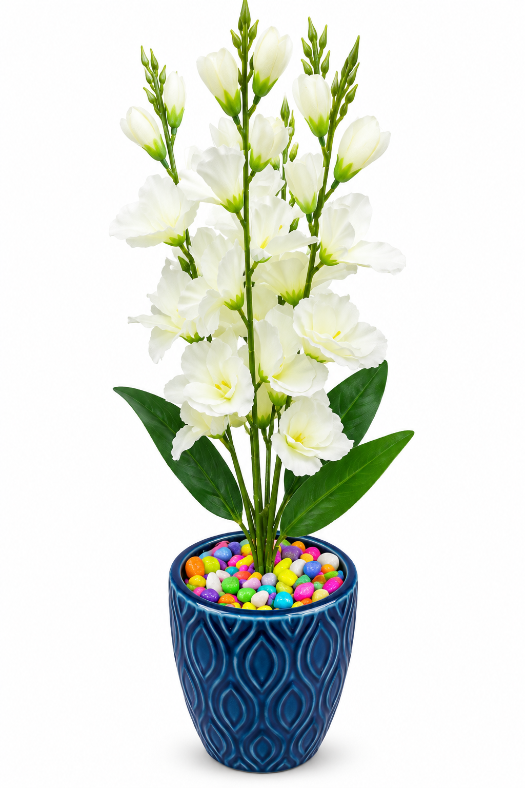 BOTAVEIL Artificial White Flower Decorative Plant with Multicolor Pebbles in Blue Textured Planter