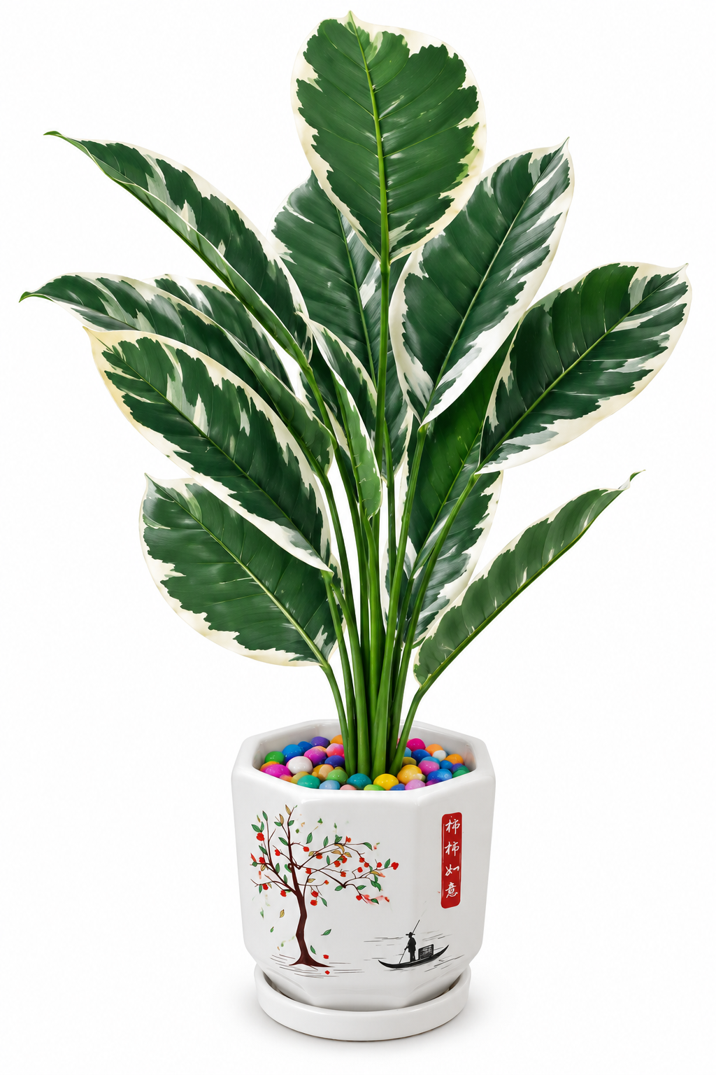 BOTAVEIL Artificial Variegated Rubber Plant in White Ceramic Pot