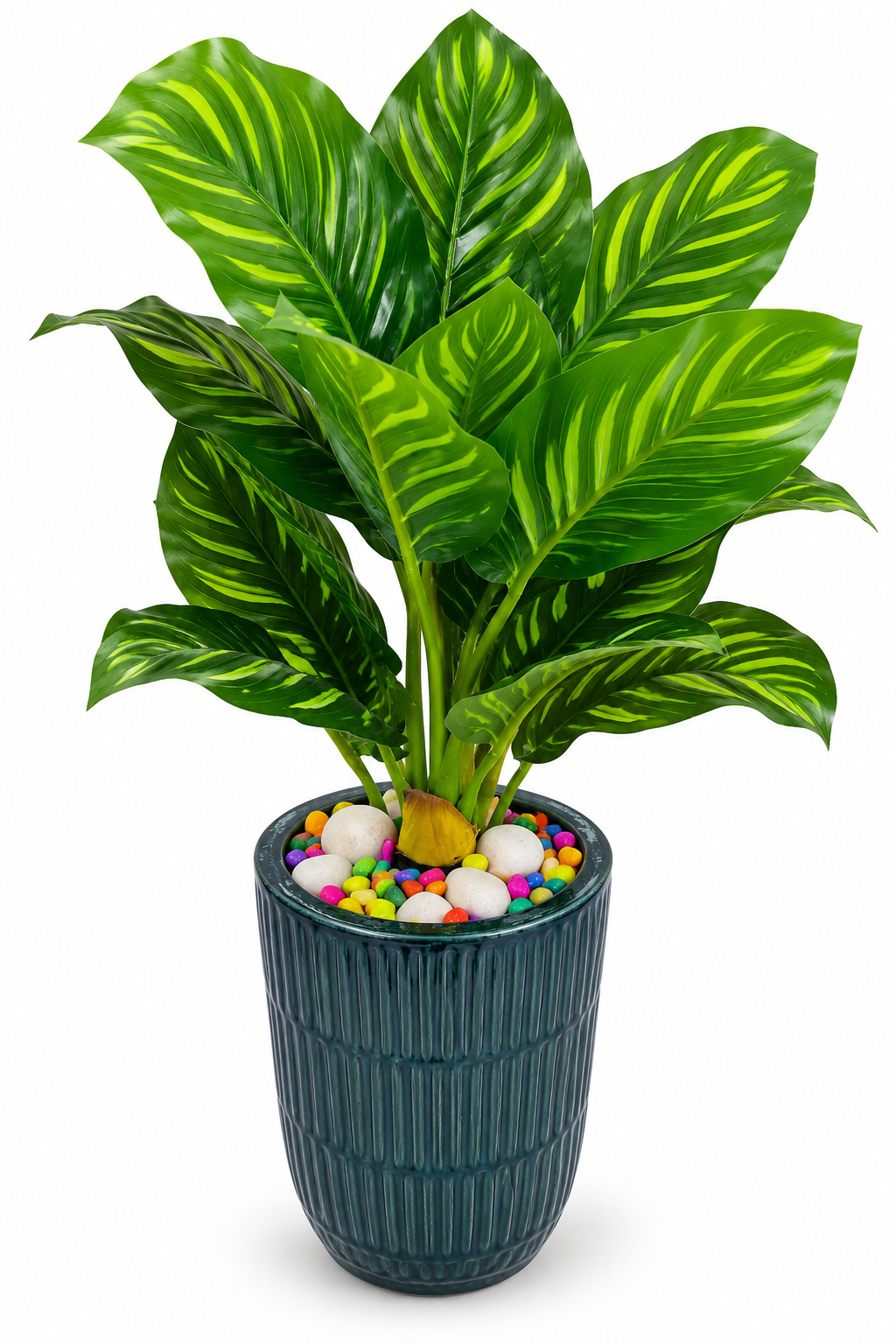 BOTAVEIL Artificial Variegated Striped Green Foliage Plant with Dark Grey Decorative Pot and Colorful Pebbles