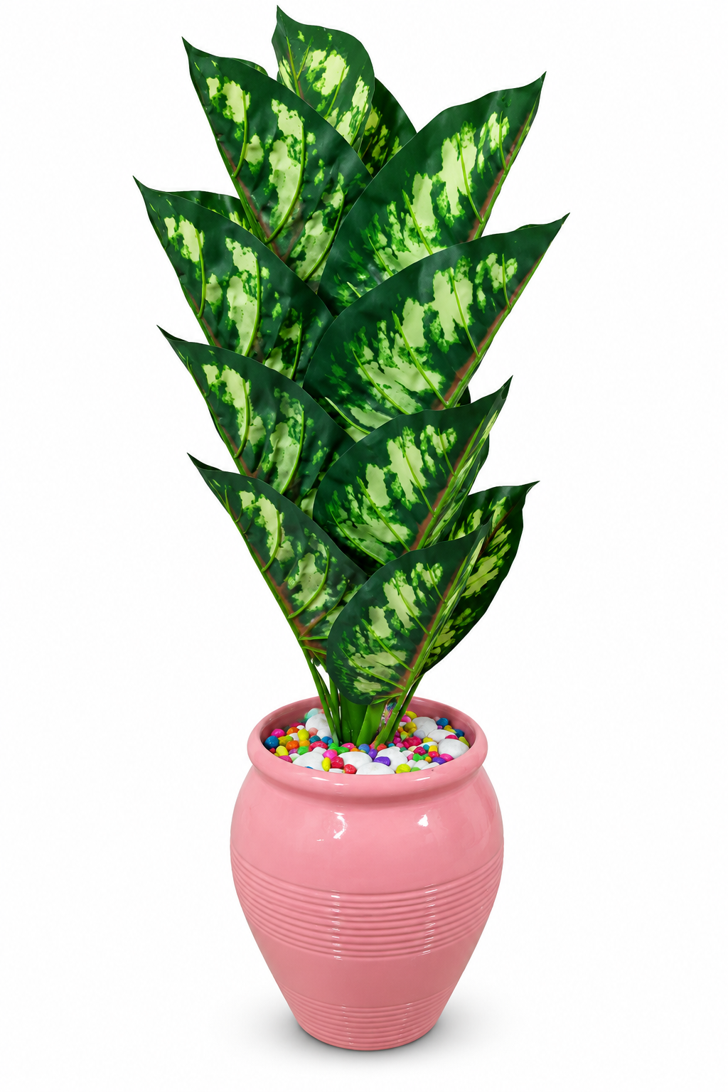 BOTAVEIL Artificial Variegated Leaf Plant with Pink Decorative Pot and Colorful Pebbles