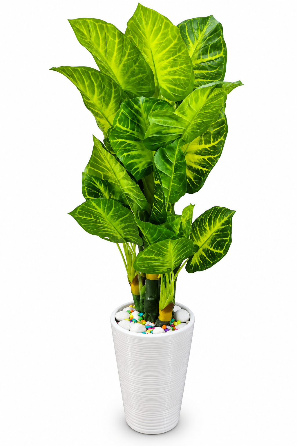 BOTAVEIL Artificial Variegated Tropical Foliage Plant with White Decorative Pot and Colorful Pebbles