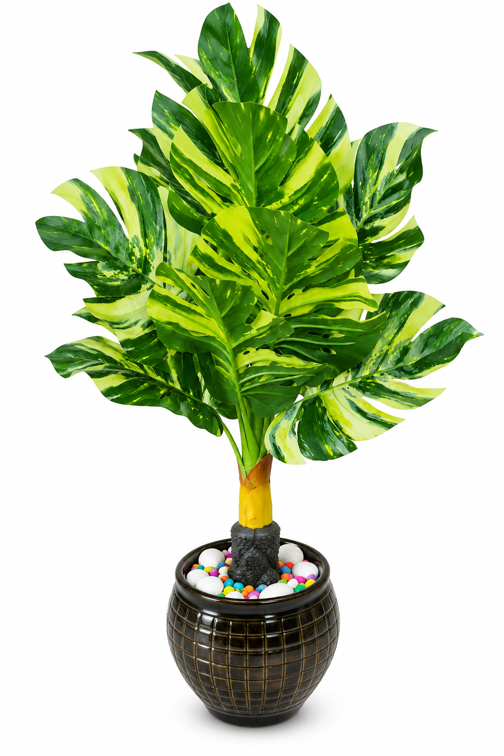 BOTAVEIL Artificial Variegated Green Foliage Plant with Black Decorative Pot and Colorful Pebbles