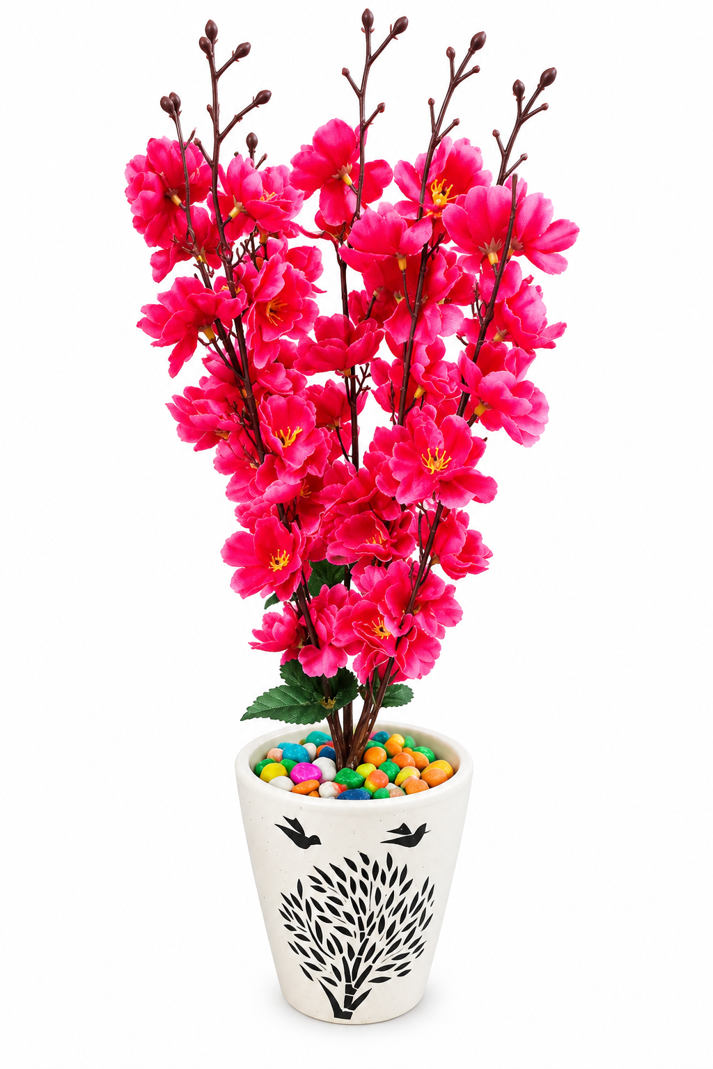 BOTAVEIL Artificial Pink Blossom Decorative Plant with Multicolor Pebbles in Printed White Planter