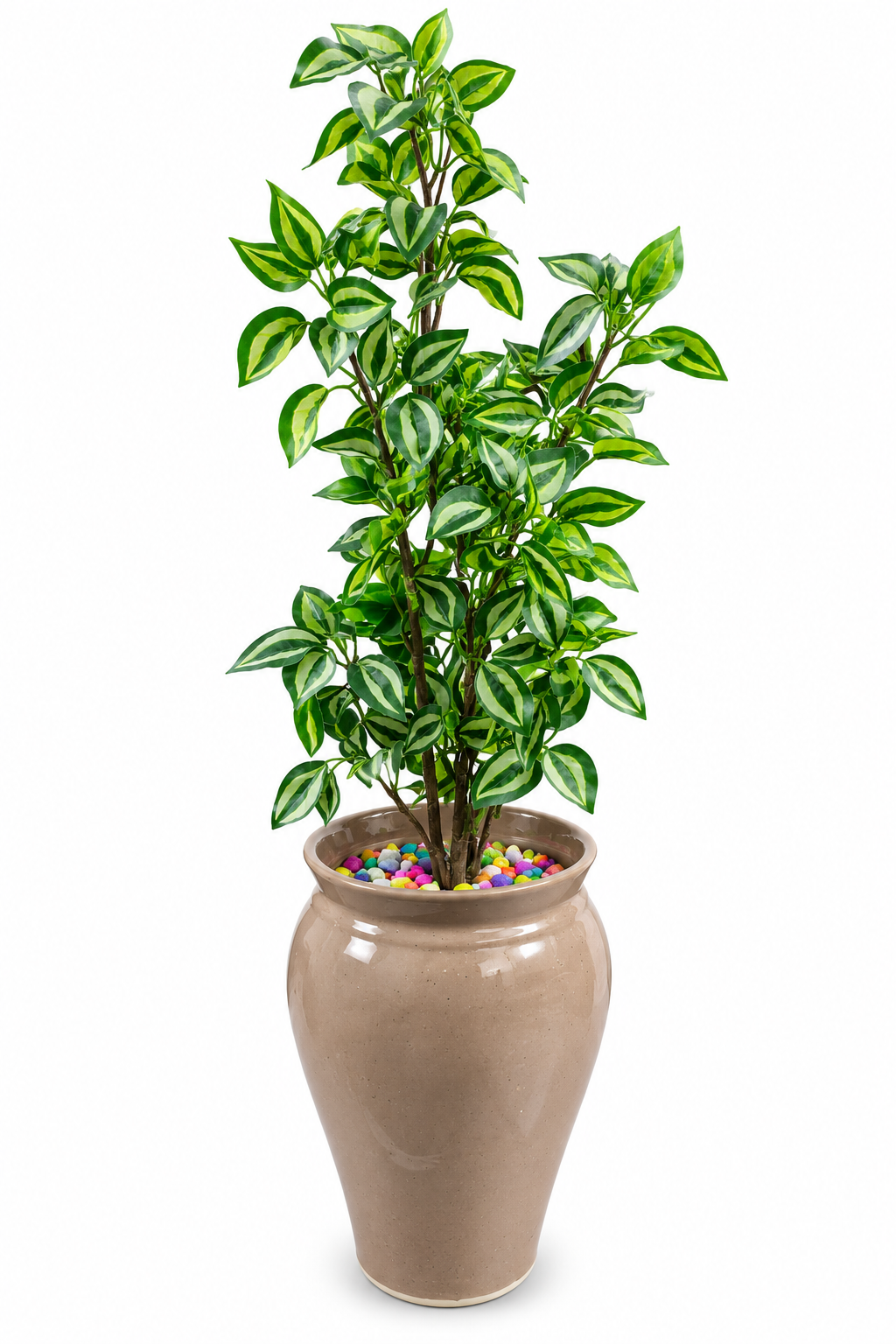 BOTAVEIL Artificial Variegated Foliage Plant with Beige Decorative Pot and Multicolor Pebbles