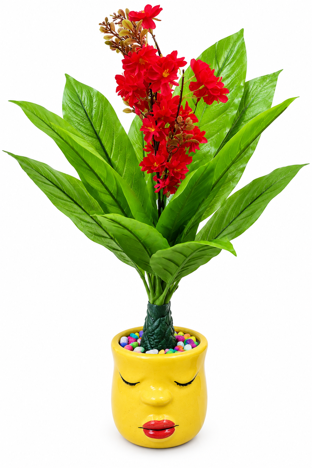 BOTAVEIL Artificial Red Flowering Plant with Yellow Decorative Pot and Multicolor Pebbles