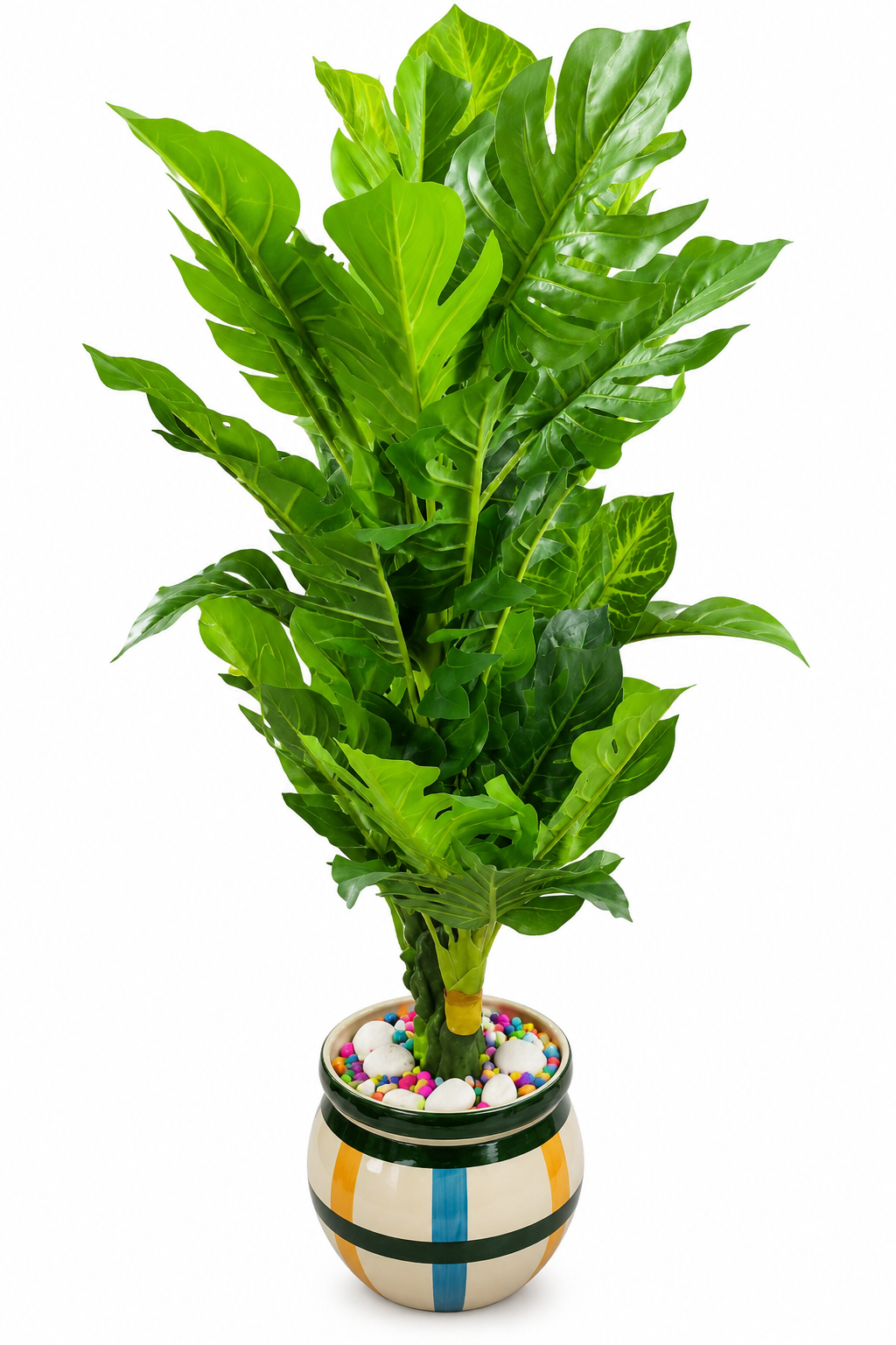 BOTAVEIL Artificial Tropical Green Foliage Plant with Black and Beige Decorative Pot and Colorful Pebbles