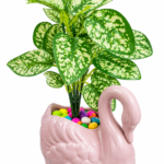 BOTAVEIL Artificial Snow White Aglaonema Plant with Pink Swan Decorative Pot & Multicolor Pebbles